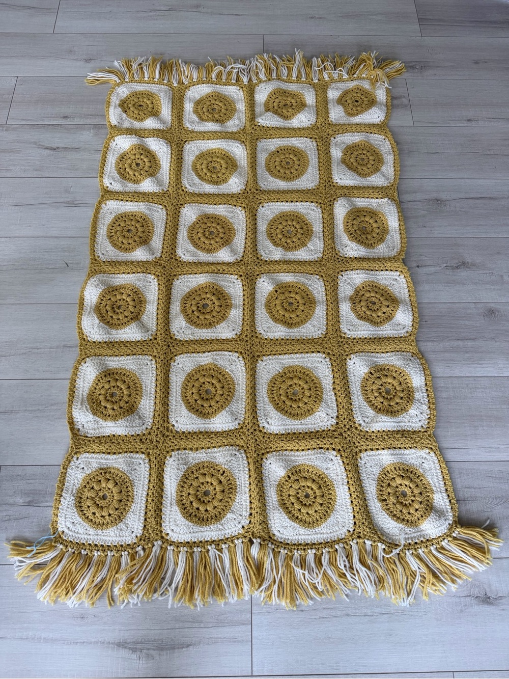 Handmade Mustard Yellow and White Crochet Throw 33x52”